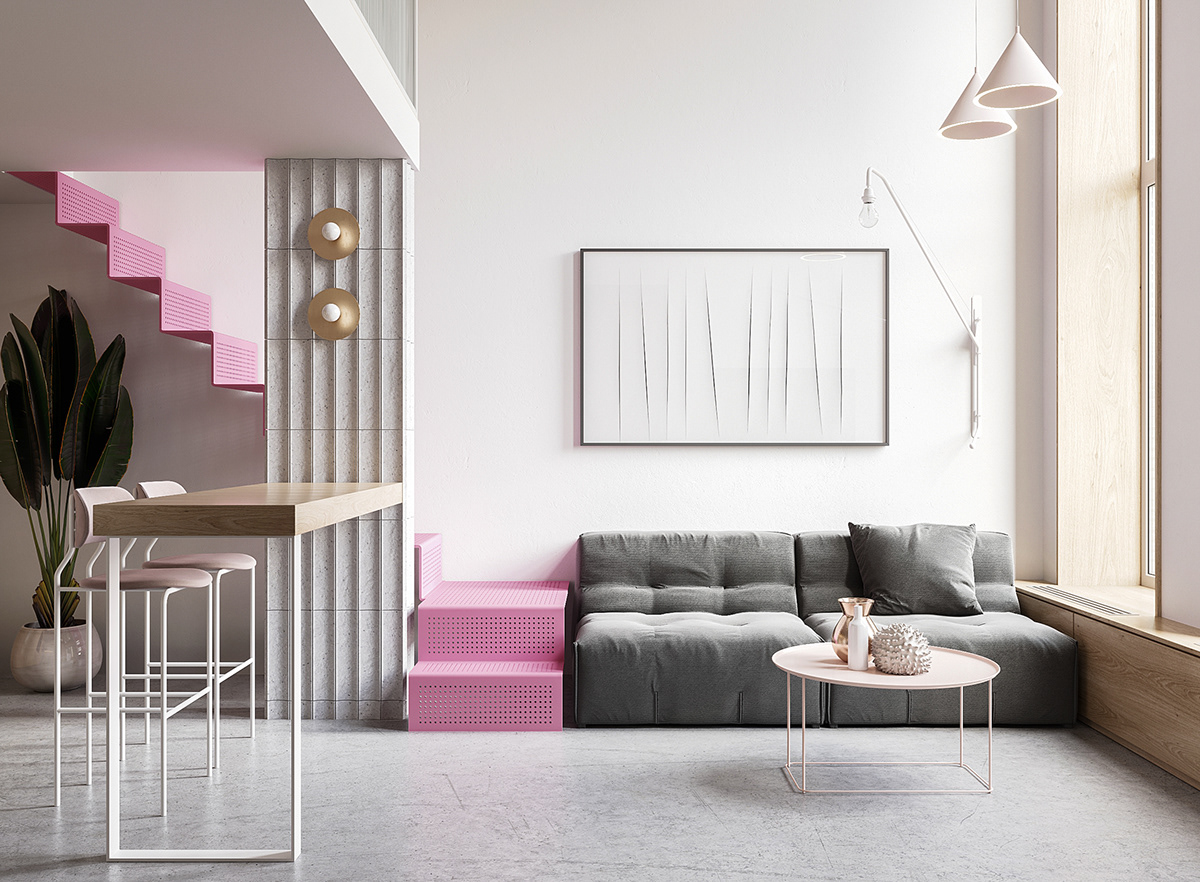 柔和的粉红色调：70平精致小宅设计