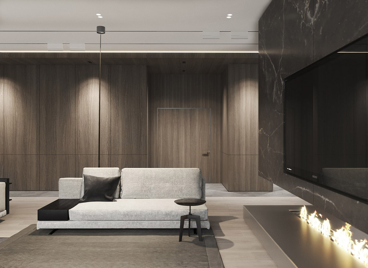 豪华的黑色大理石 精致的胡桃木墙板：豪华现代家居装饰