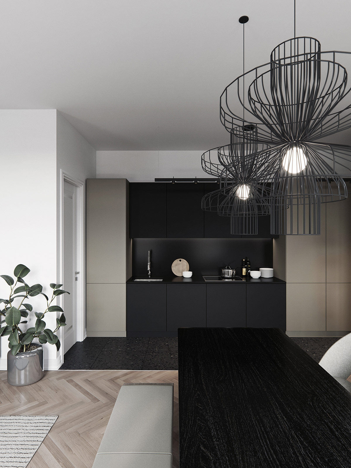 one-wall-kitchen-with-black-and-grey-cab