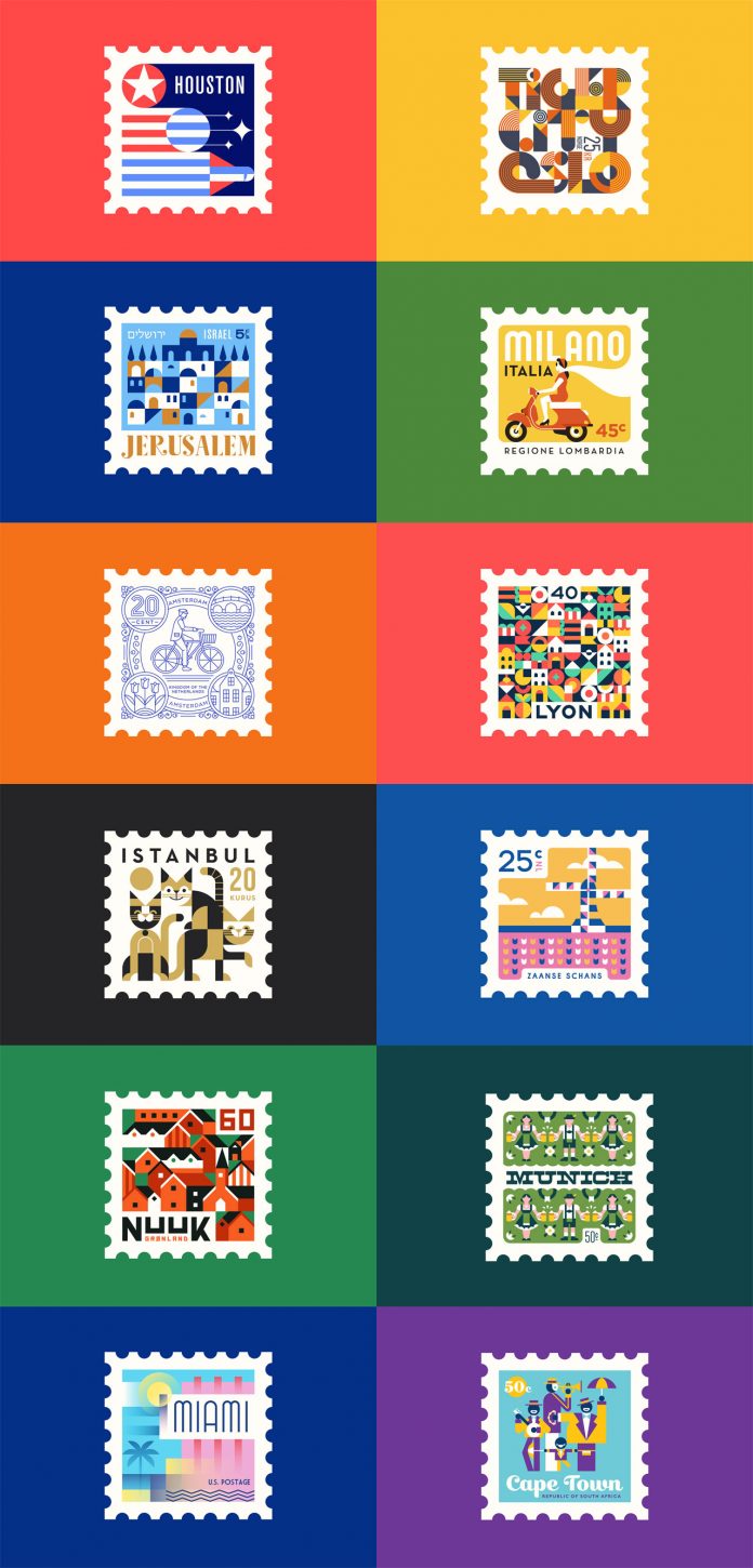 插画风格的世界城市主题邮票设计