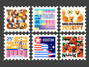 插畫風格的世界城市主題郵票設計