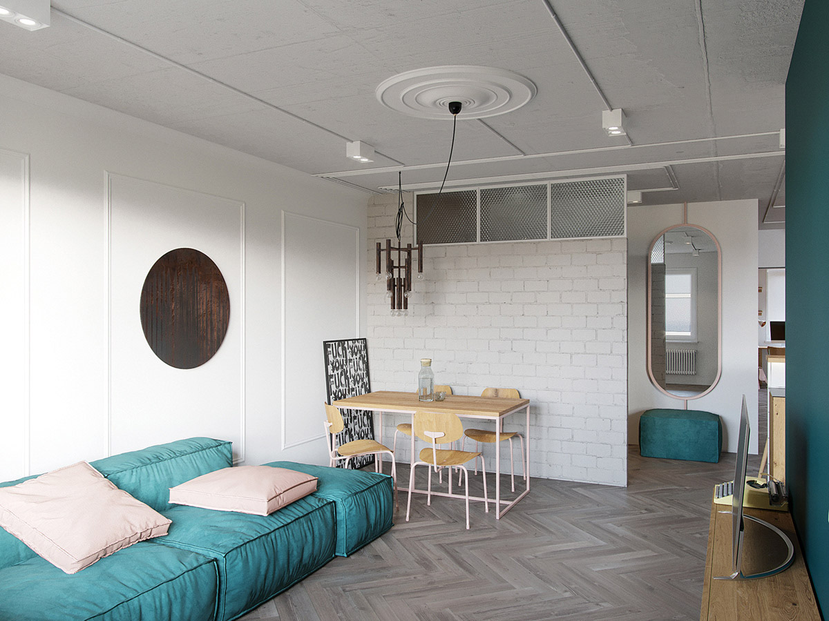 蓝绿和粉色！80平米现代质朴公寓