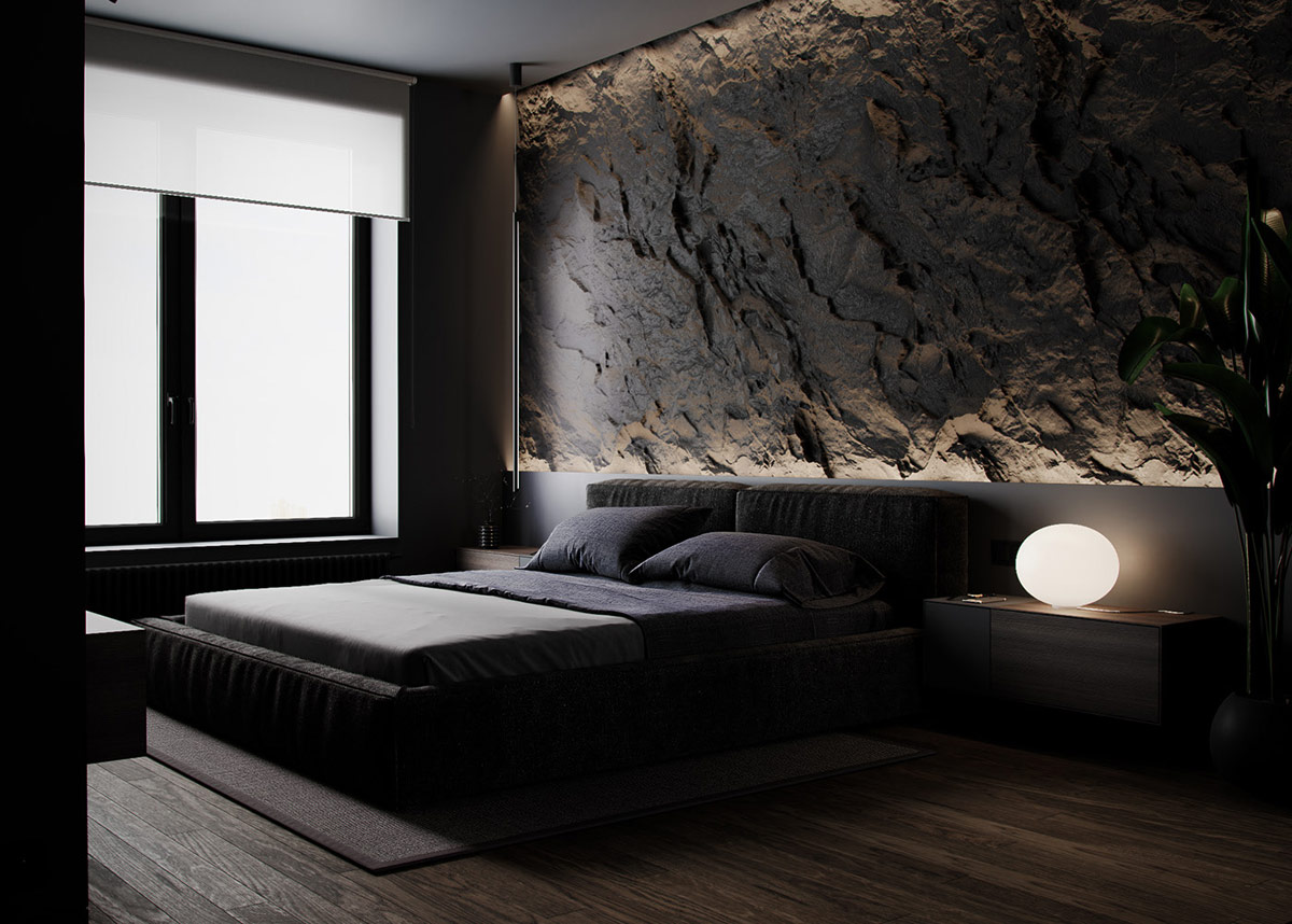 木质色调+凹凸岩石背景墙！酷黑风格豪宅设计