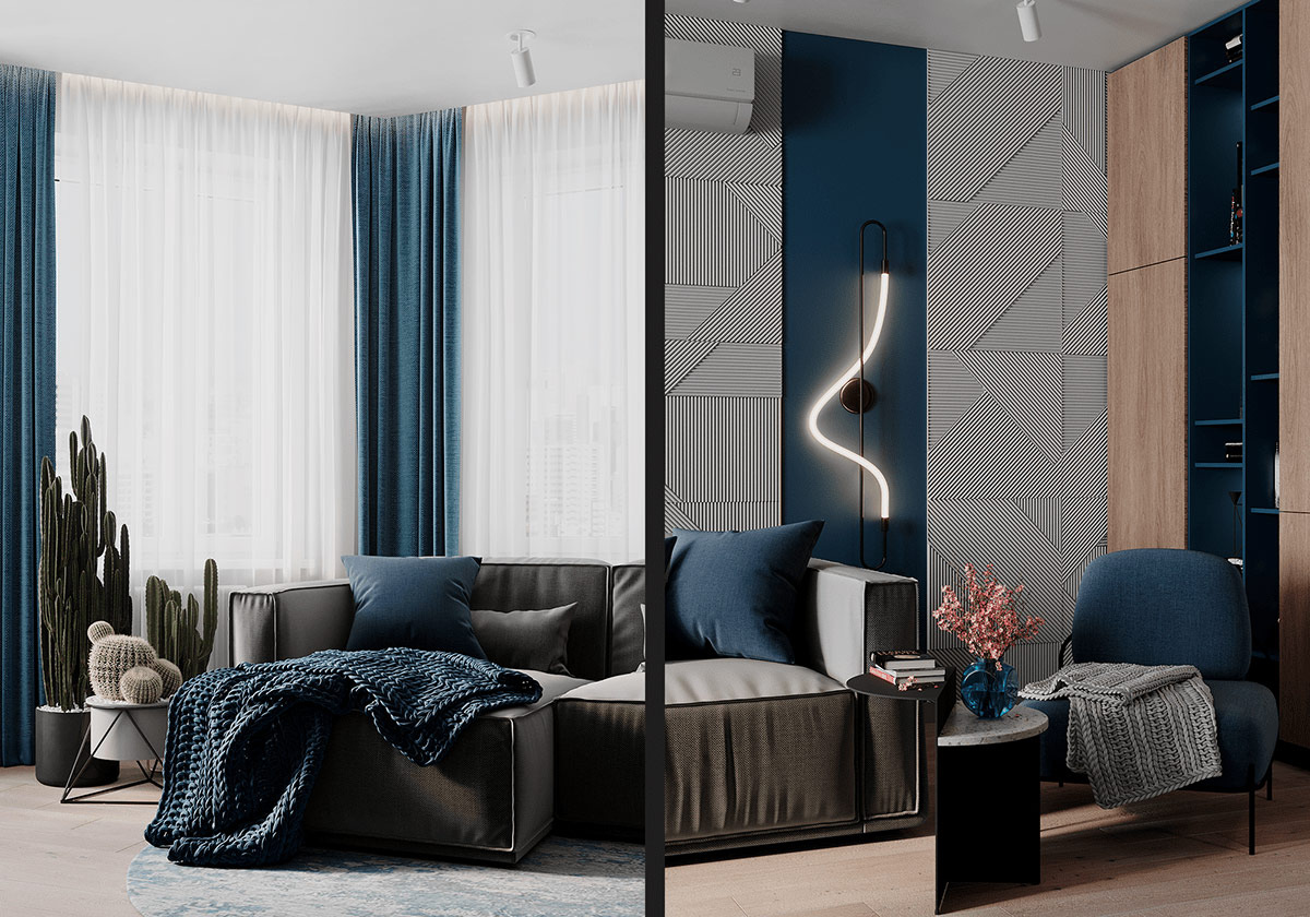 深蓝+时尚灰！2间精致高级感的现代住宅设计