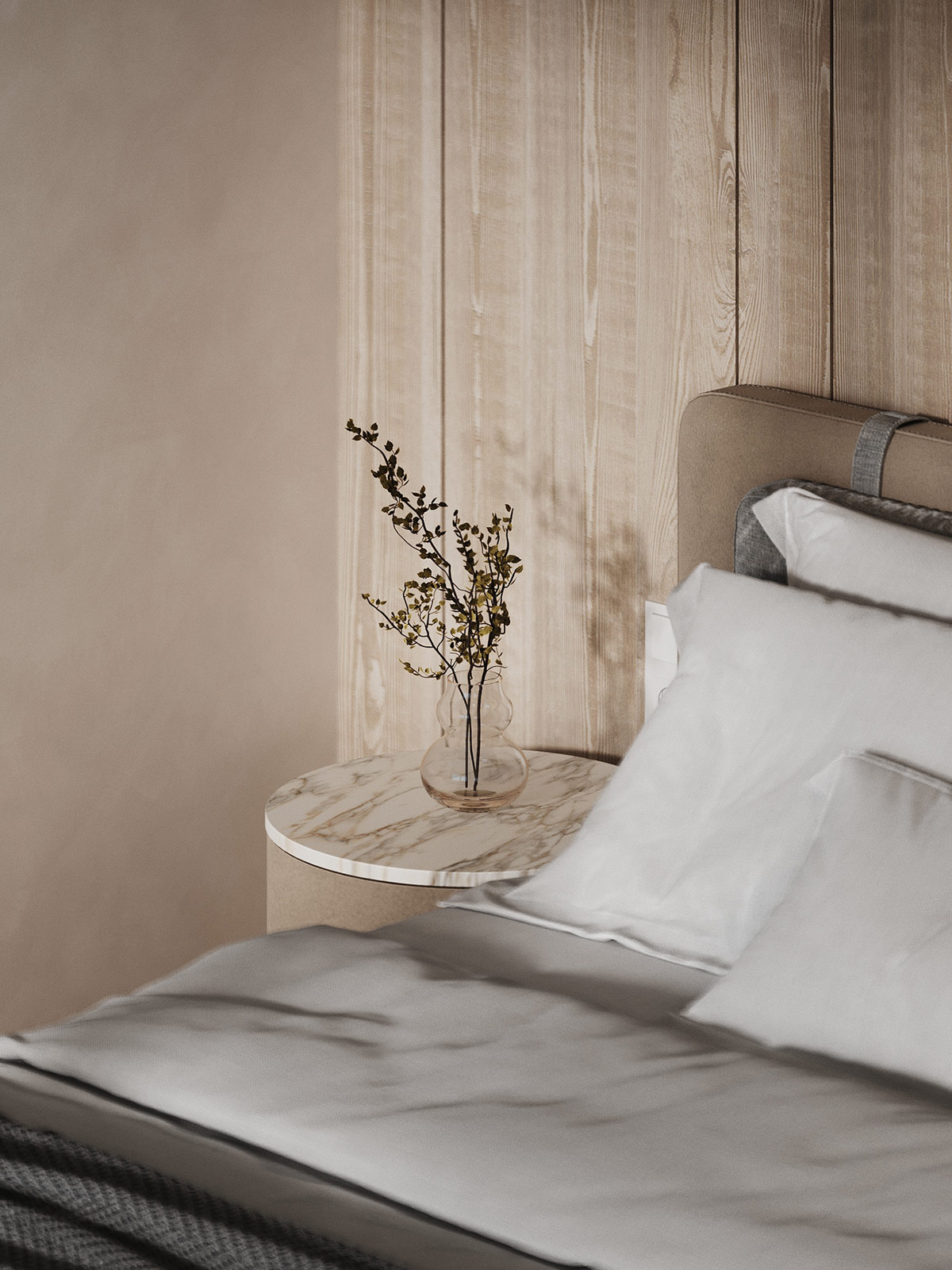 白色大理石和木质装饰营造温馨的现代家居空间