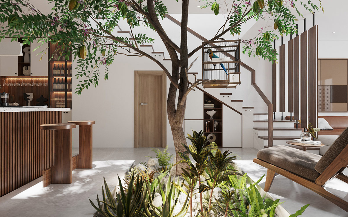 天然木材和室内植物营造宁静的生活空间