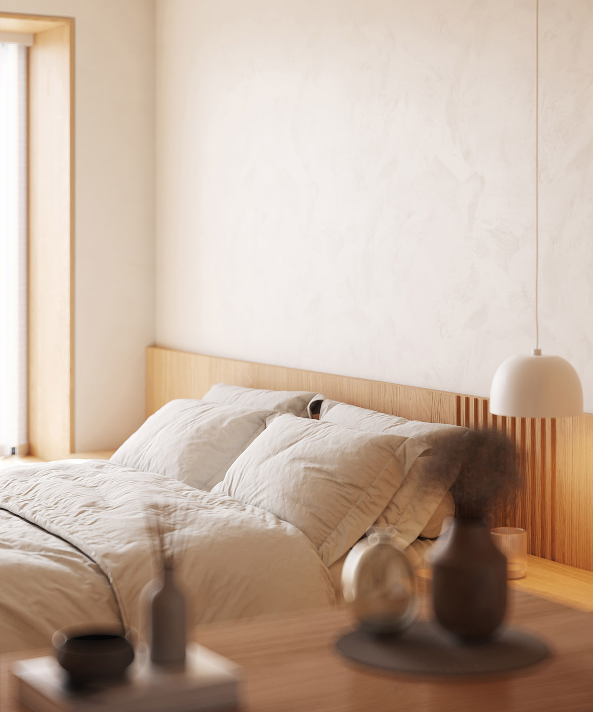 纯白和舒缓的木色调，充满宁静感的家居设计