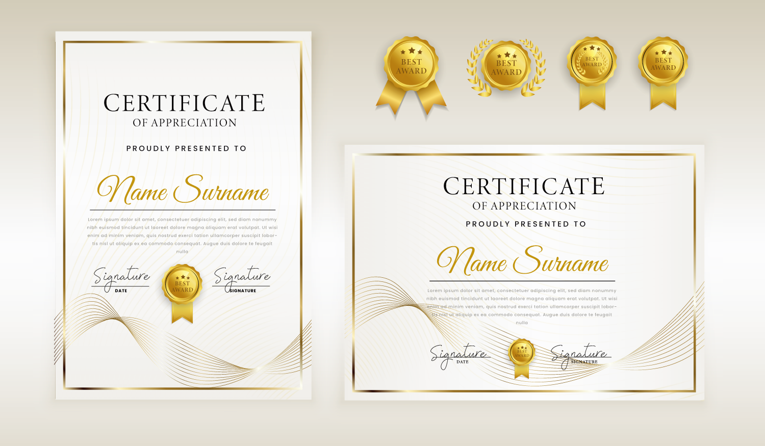 金色风格认证和证书模板矢量素材