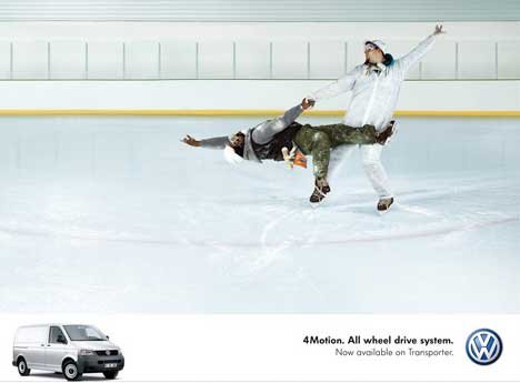 Ice skaters in VW Transporter print ad