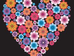 各种色彩的花朵组成的心形图案矢量素材