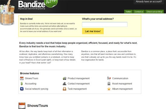 Bandize.com screen shot.