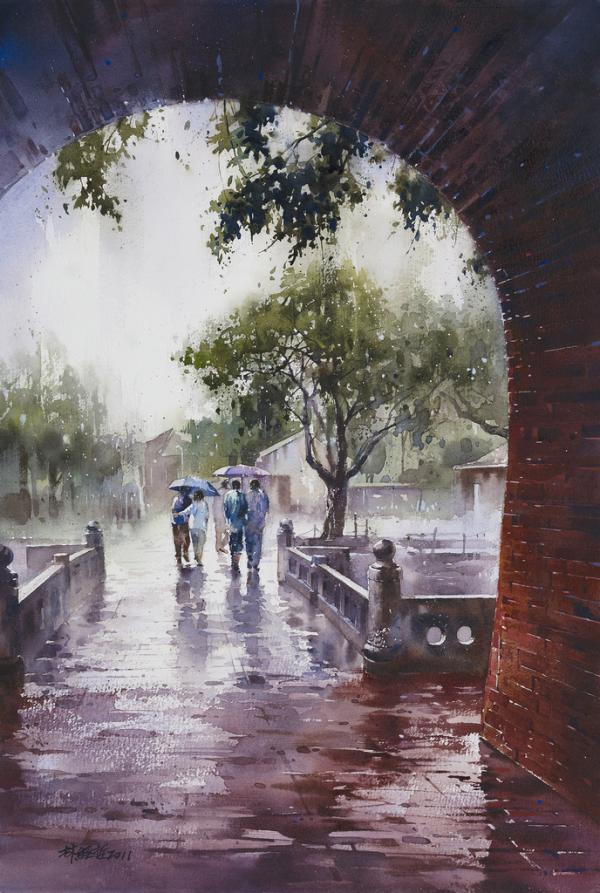 朦胧的城市雨景：台湾林经哲水彩画作品