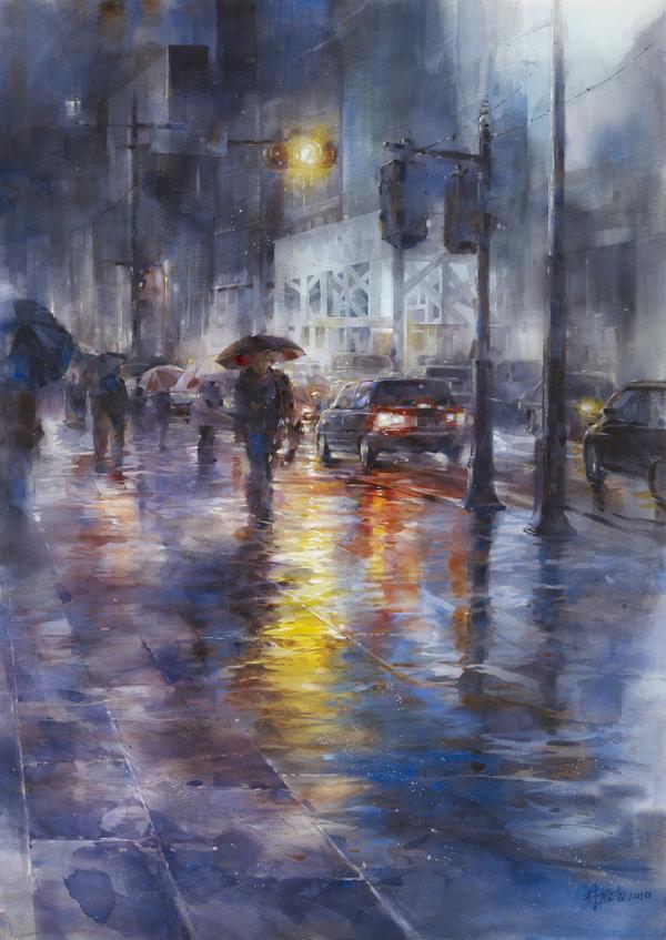 朦胧的城市雨景：台湾林经哲水彩画作品