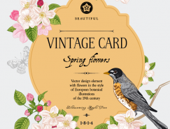 小鸟和复古花卉卡片设计矢量素材