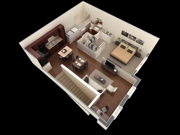 一居室户型装修3D布局效果图欣赏