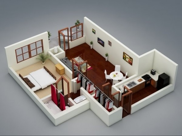 一居室户型装修3D布局效果图欣赏