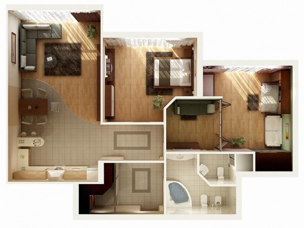 二居室户型装修3D布局效果图欣赏
