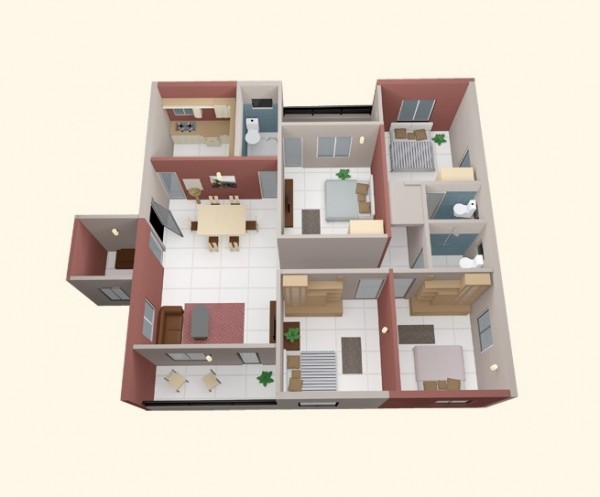 四居室户型装修3D布局效果图欣赏