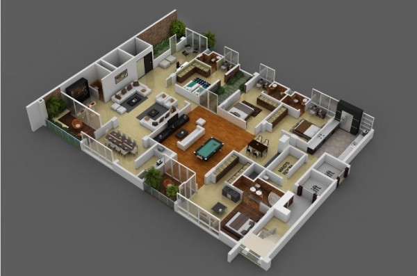 四居室户型装修3D布局效果图欣赏