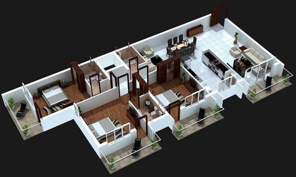 三居室户型装修3D布局效果图欣赏