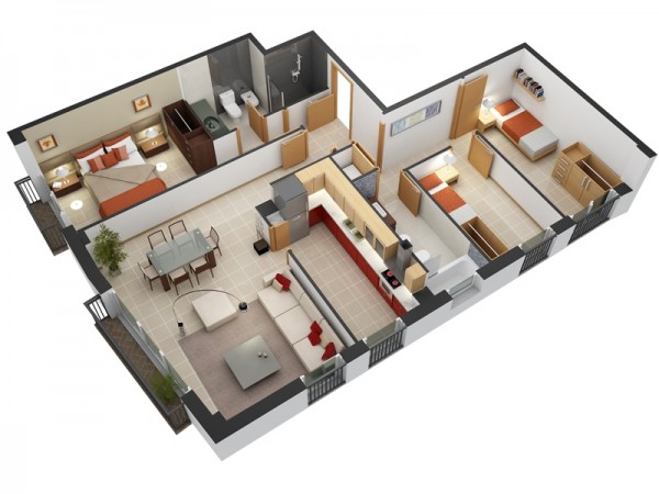 三居室户型装修3D布局效果图欣赏