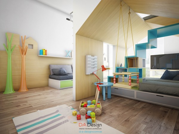 丰富的暖色调和儿童玩乐空间:乌克兰独特优雅的现代住宅
