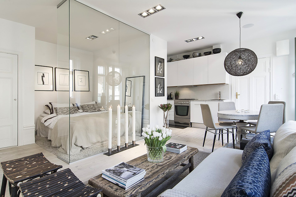 漂亮的玻璃墙卧室:瑞典34平米小公寓设计