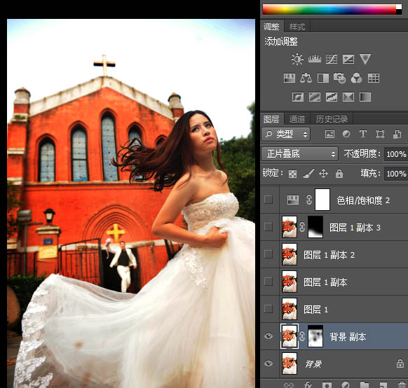 Photoshop打造暗冷色复古建筑婚片