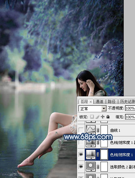 Photoshop打造唯美的蓝紫色江景美女图片