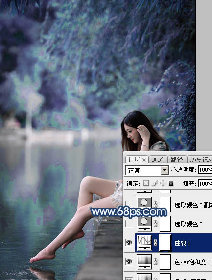 Photoshop打造唯美的蓝紫色江景美女图片
