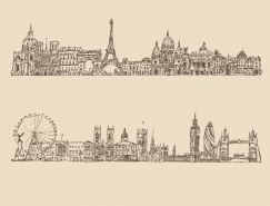 手绘线描著名城市街景矢量素材