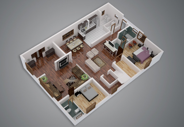 二居室户型装修布局3D效果图欣赏