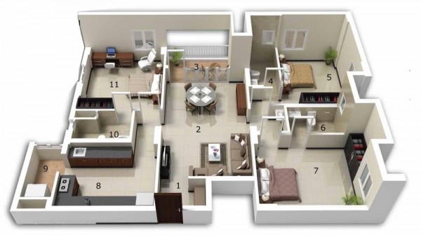 25个三居室户型装修3D布局效果图