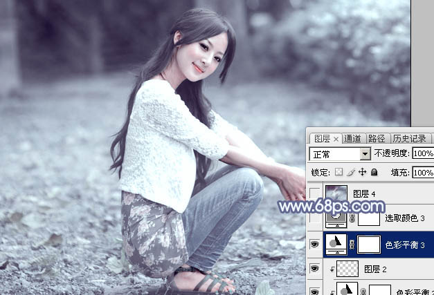 Photoshop打造唯美的冬季灰蓝外景美女图片
