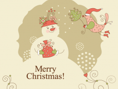 卡通圣诞鸟和雪人背景矢量素材