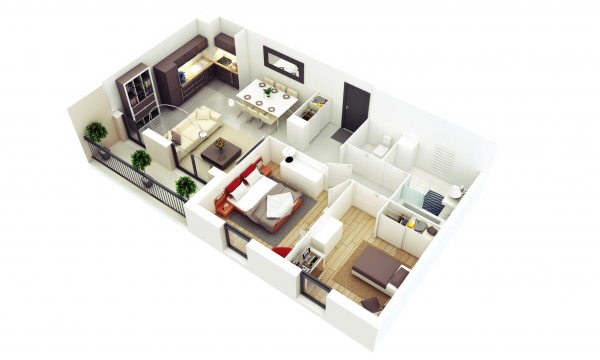 25个二居室户型装修3D布局效果图
