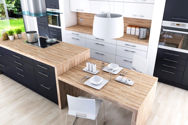 黑色,白色和木纹效果的时尚厨房设计