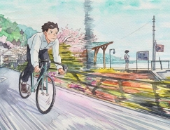 Mateusz Urbanowicz水彩插畫作品:騎單車的男孩