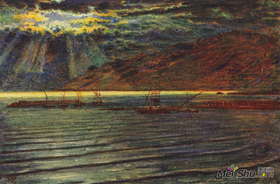 威廉·霍爾曼·亨特William Holman Hunt作品 Fishingboats的月光