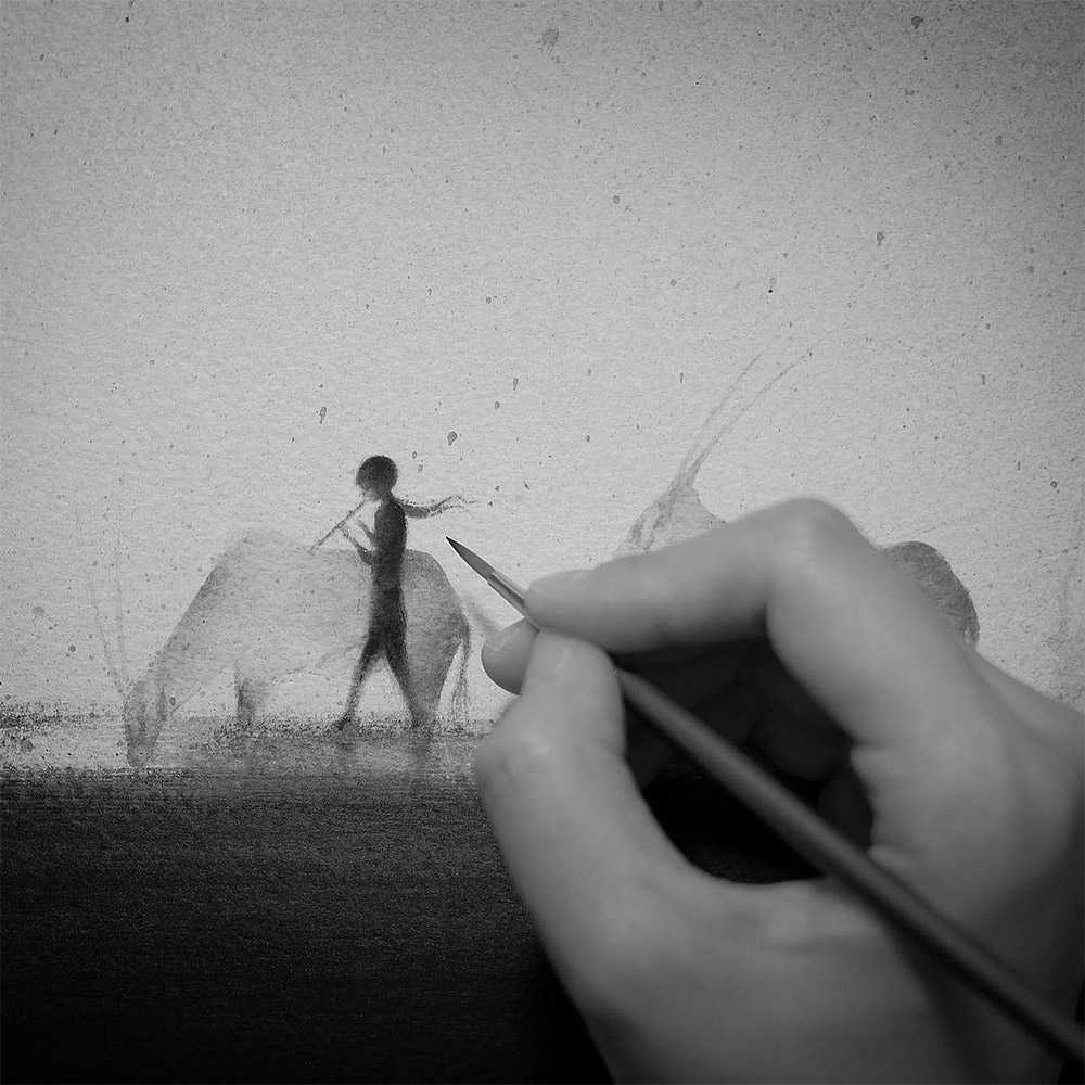 儿童与野生动物：Elicia Edijanto静谧的黑白水彩画