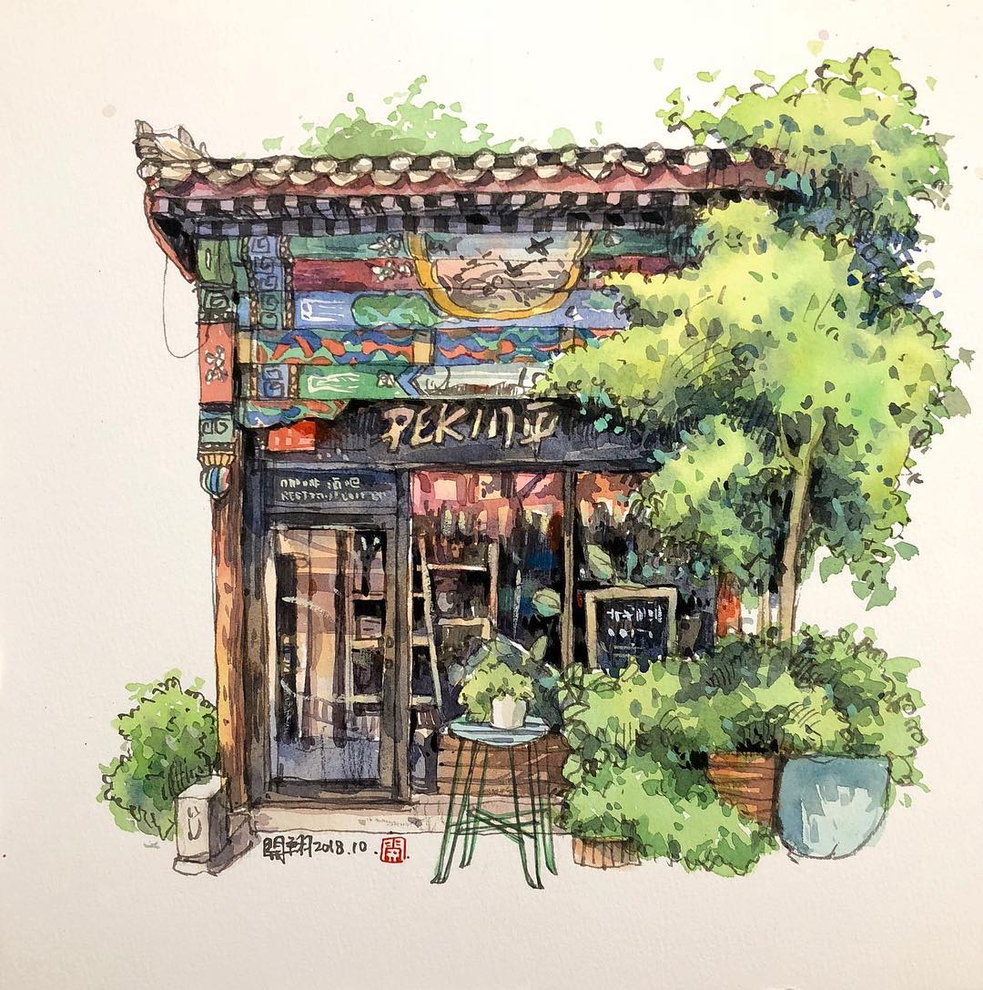 台湾画家郑开翔Cheng Kai-Hsiang城市街景写生作品