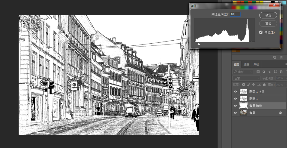PS滤镜把城市建筑照片转成素描线稿效果