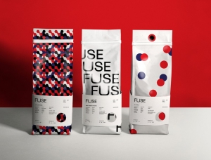时尚红蓝圆点，FUSE咖啡品牌形象和包装设计