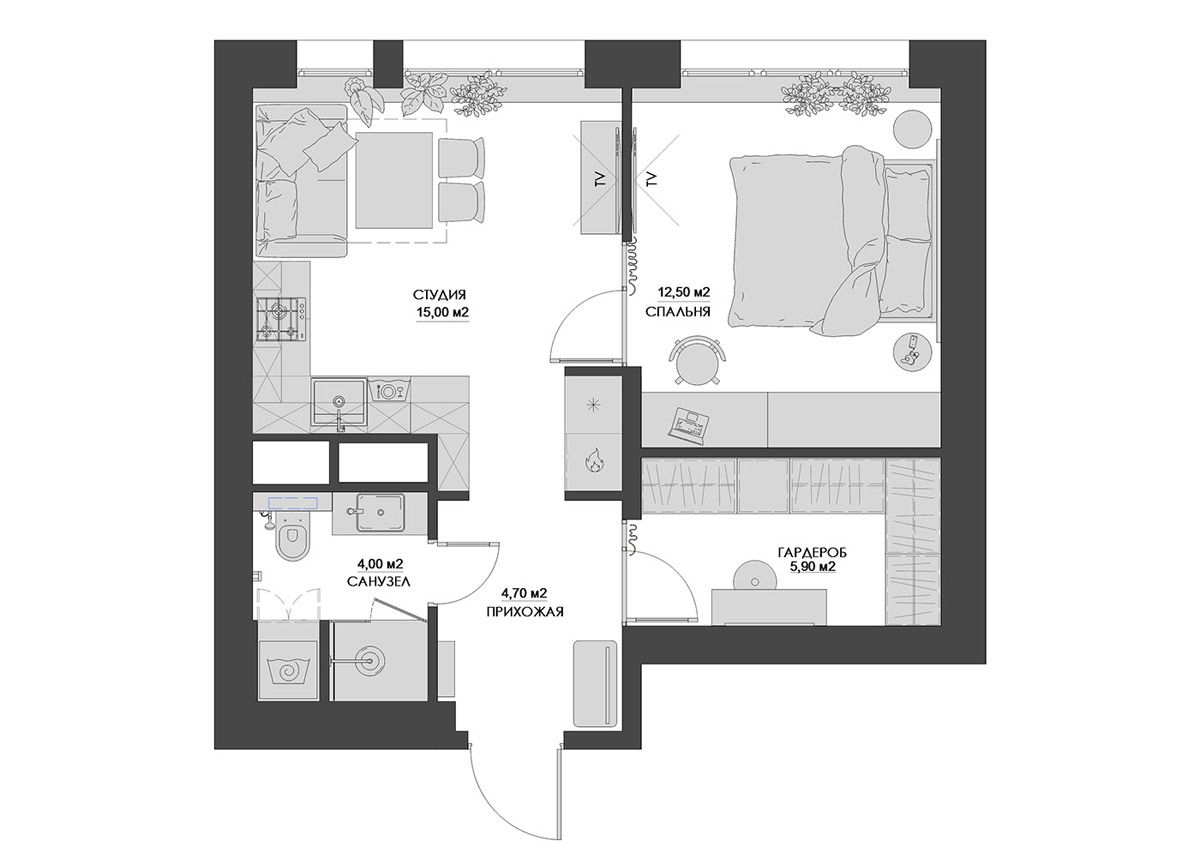 2间紧凑实用的45平小户型公寓设计