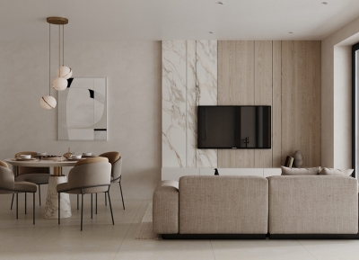 白色大理石和木質裝飾營造溫馨的現代家居空間