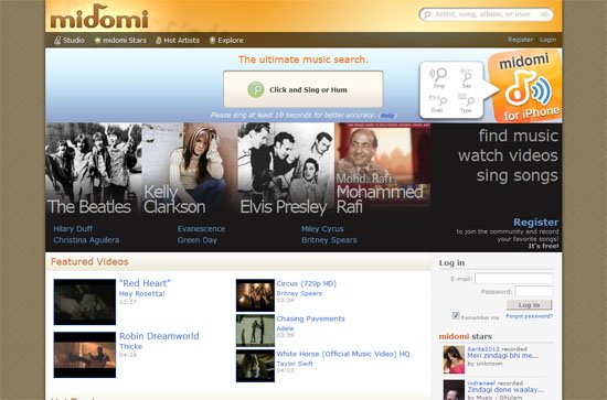 midomi.com screen shot.