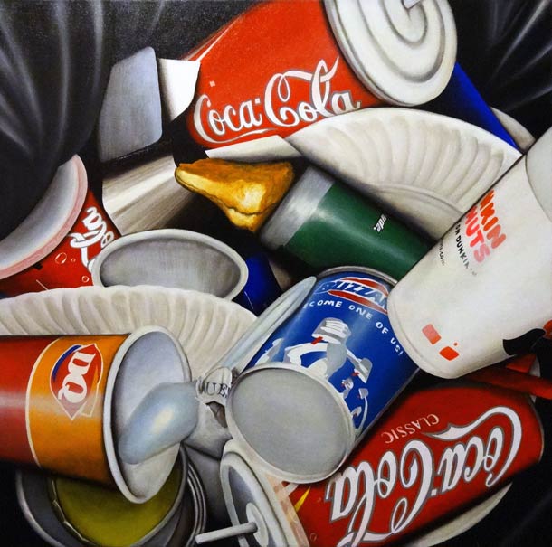 Stephane Dillies写实绘画作品：垃圾桶里的世界