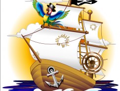 可爱的卡通海盗船和鹦鹉矢量素材