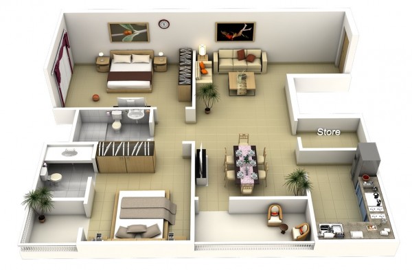 二居室户型装修3D布局效果图欣赏