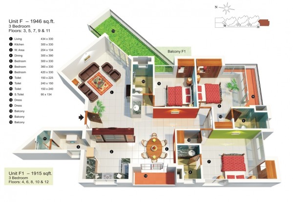 三居室户型装修3D布局效果图欣赏